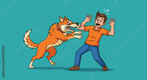 Cartoon man defending himself from an aggressive orange dog attack