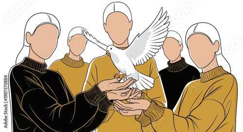 Social worker holding dove, peace and unity symbol charity support hope humanitarian aid non-profit awareness concept vector illustration