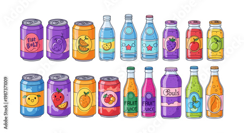 Colorful illustration of various soda and juice cans and bottles isolated on white background