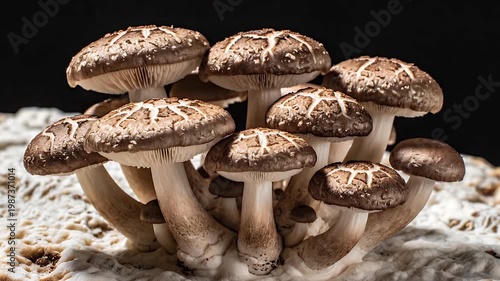 Developing Culinary Shiitake Fungi: Realistic Time-lapse on a Dark Studio Background
