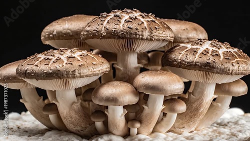 Cinematic Macro Time-lapse of Organic Shiitake Mushroom Growth on Mycelium Substrate
