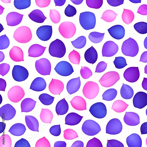 A repeating pattern shows scattered, stylized flower petals in hues of pink, purple, and blue. The simple design is set on a white background