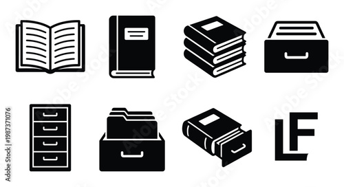 Archive and book icons including open book, file cabinet and stack of books