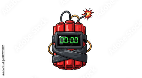 Cartoon illustration of a red dynamite explosive with countdown timer isolated on white background