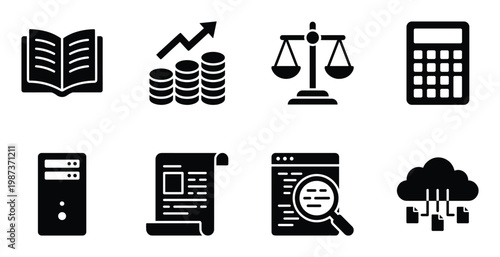 Business and finance icons with book, money, scales, calculator, server and cloud