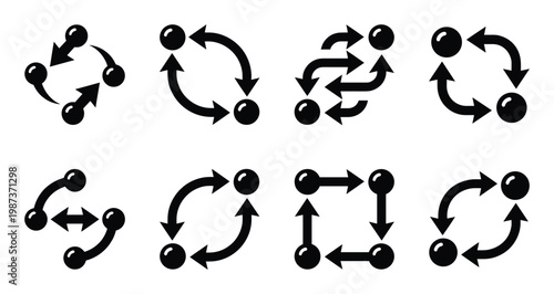 Circular process arrows and data flow icons for cycle management and information exchange visuality