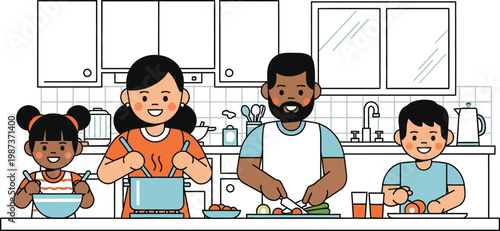 Family Cooking Together in Kitchen - Diverse Parents and Children Preparing Food
