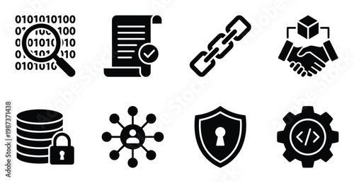 Collection of technology and business icons for data binary search document link partnership security coding