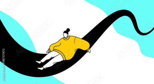 Woman relaxing on flowing abstract line vector illustration for wellness mindfulness mental health concept modern artistic background relaxation therapy stress relief design