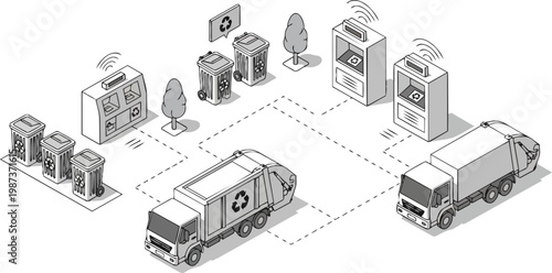 Smart Waste Management System Isometric Illustration with IoT Recycling Bins and Garbage Trucks for Sustainable Urban Planning