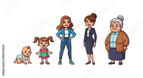 Cartoon illustration of a family across five generations isolated on white background