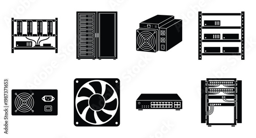 Crypto mining hardware icons set including server racks gpu rigs cooling fans and network switches