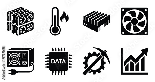 Cryptocurrency mining farm icons featuring gpu racks thermal sensors processor chips and growth graph