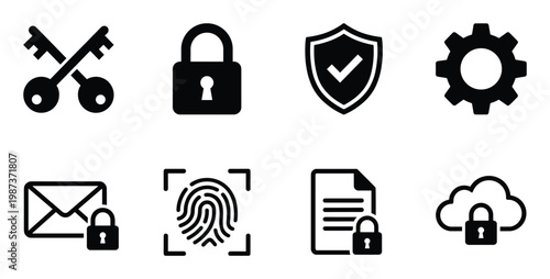 Cyber security and access control icon collection with biometric scanning and encrypted messaging