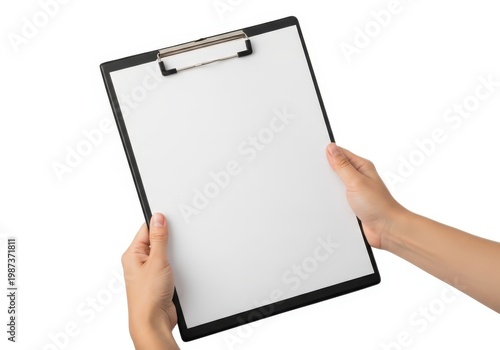 Hands holding a black clipboard with a blank white sheet of paper isolated on white background