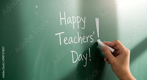 Human hand writing Happy Teachers Day message with white chalk on green school chalkboard, exclamation mark, closeup of fingers holding chalk, side lighting, realistic photography with bokeh.