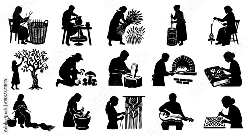 Collection of black silhouettes illustrating people engaged in traditional crafts and handmade activities like knitting, pottery, and harvesting, representing artisanal skills and folk culture.