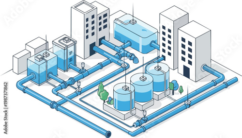 Isometric Urban Water Management and Distribution System Illustration with Pipelines, Reservoirs, and Buildings