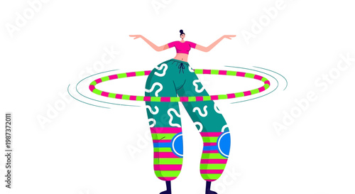 Woman hula hoop exercise vector illustration for fitness training healthy lifestyle workout routine weight loss activity home workout and active living concept