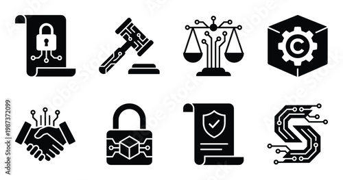 Digital law and intellectual property protection in blockchain black white graphic illustration