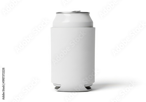 Plain white soda or beer can inside a white foam koozie cooler on a clean white background.