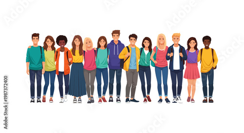 Diverse group of teenagers standing together isolated on white background