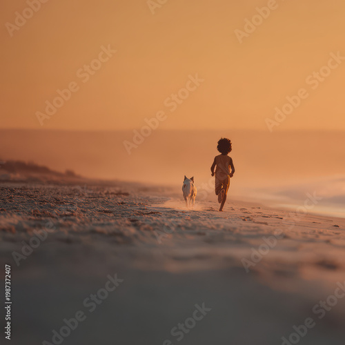 joyful child runs alongside dog across sandy beach embodying pure freedom at sunset