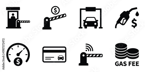 Gas fee toll booth barrier gas pump car payment credit card icons