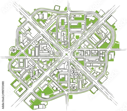 Minimalist Green City Map Layout with Aerial View of Urban Planning, Sustainable Architectural Design, and Smart City Infrastructure Concept on White Background