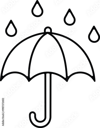 Simple line drawing of an umbrella with raindrops above