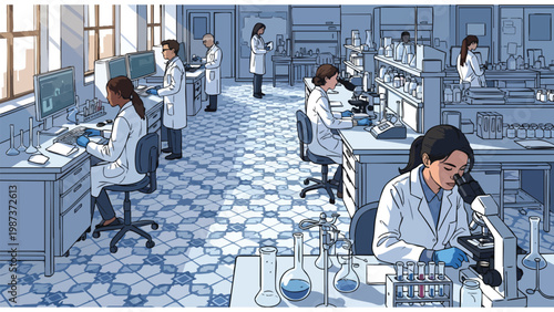 Illustration of diverse scientists in a busy research laboratory conducting experiments and analysis