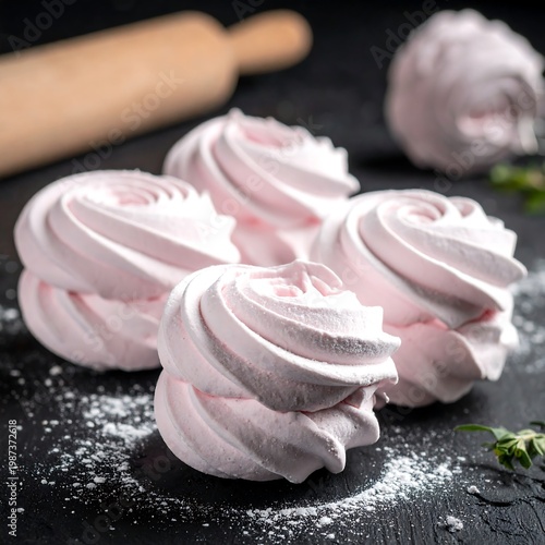 Close-up shot of four spiral, pink, fluffy confections on a black surface, a rolling pin and sprigs are visible