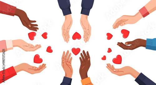 Diverse hands reaching for red hearts isolated on white background