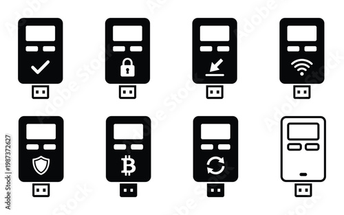 Hardware wallet icon set for cryptocurrency storage secure digital asset management and cold storage