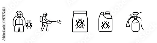 Pest control service web line icons set featuring professional exterminator in hazmat suit pesticide sprayer man poison powder bag and chemical container and more Vector Illustration with editable str