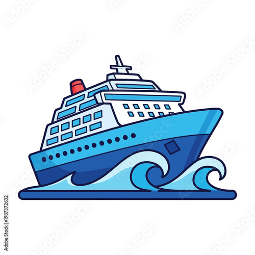 Blue cruise ship sailing on wavy ocean water cartoon style