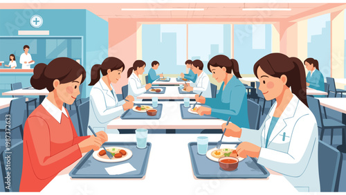 Healthcare professionals enjoying lunch in a hospital cafeteria. Medical team on meal break in a modern canteen setting, daily life illustration.