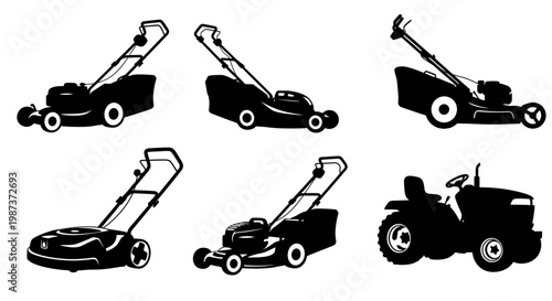 Collection of Lawn Mower Silhouettes and Tractor