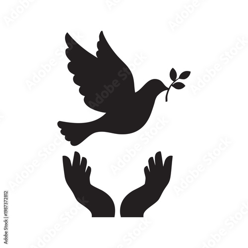 Black silhouettes of peace pigeon with hands releasing dove holding olive branch symbolizing peace and harmony