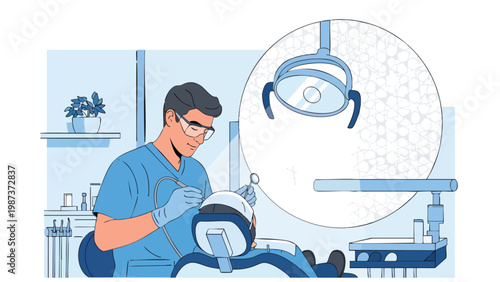 Dentist Examining Patient's Teeth in Modern Clinic. Oral Health Check-up with Dental Equipment and Microscopic Detail.