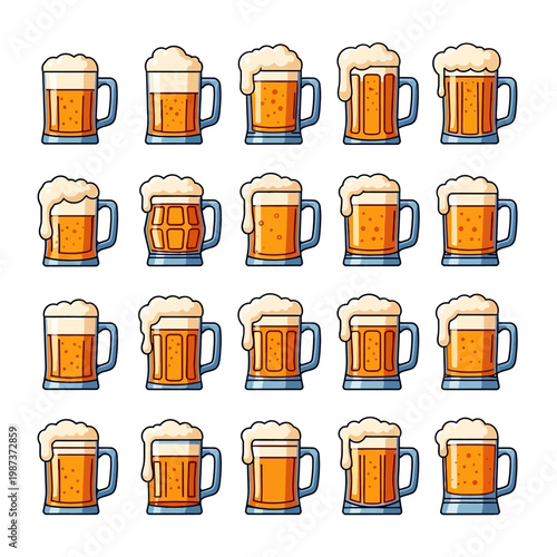 Collection of Beer Mugs with Foam Refreshing Drink