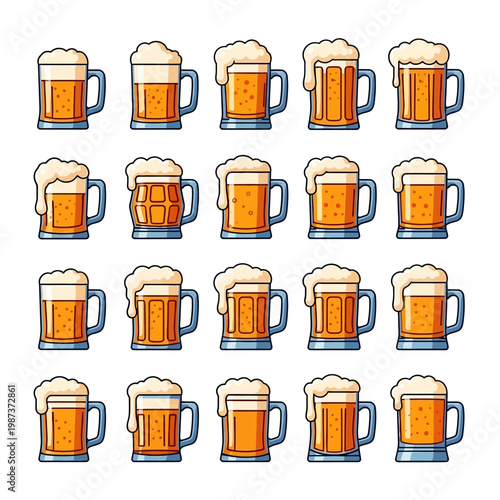 Collection of Beer Mugs with Foam Top Refreshing Drink