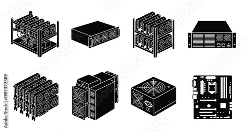 Isometric crypto mining equipment icons showing gpu rigs asic miners and computer hardware components