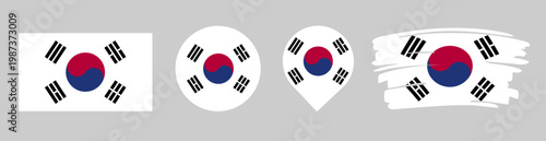 South Korea Flag Set - National Banner in Rectangle Circle Map Pin and Brush Stroke Styles on Gray Background