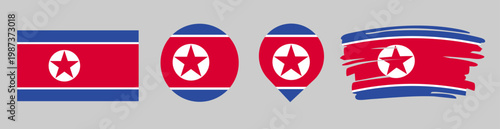 North Korea Flag Set - National Banner in Rectangle Circle Map Pin and Brush Stroke Styles on Gray Background