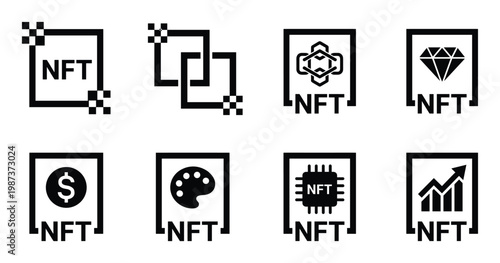 NFT art and digital assets for blockchain technology concept black white graphic illustration
