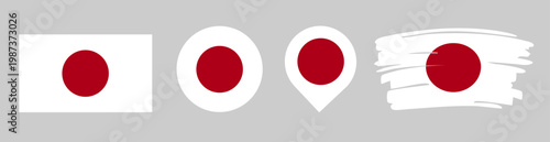 Japan Flag Set - National Banner in Rectangle Circle Map Pin and Brush Stroke Styles on Gray Background