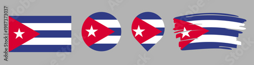 Cuba Flag Set - National Banner in Rectangle Circle Map Pin and Brush Stroke Styles on Gray Background