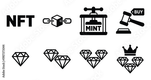 NFT blockchain minting and auction concept with crypto diamonds black white graphic illustration