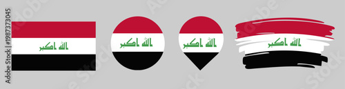 Iraq Flag Set - National Banner in Rectangle Circle Map Pin and Brush Stroke Styles on Gray Background